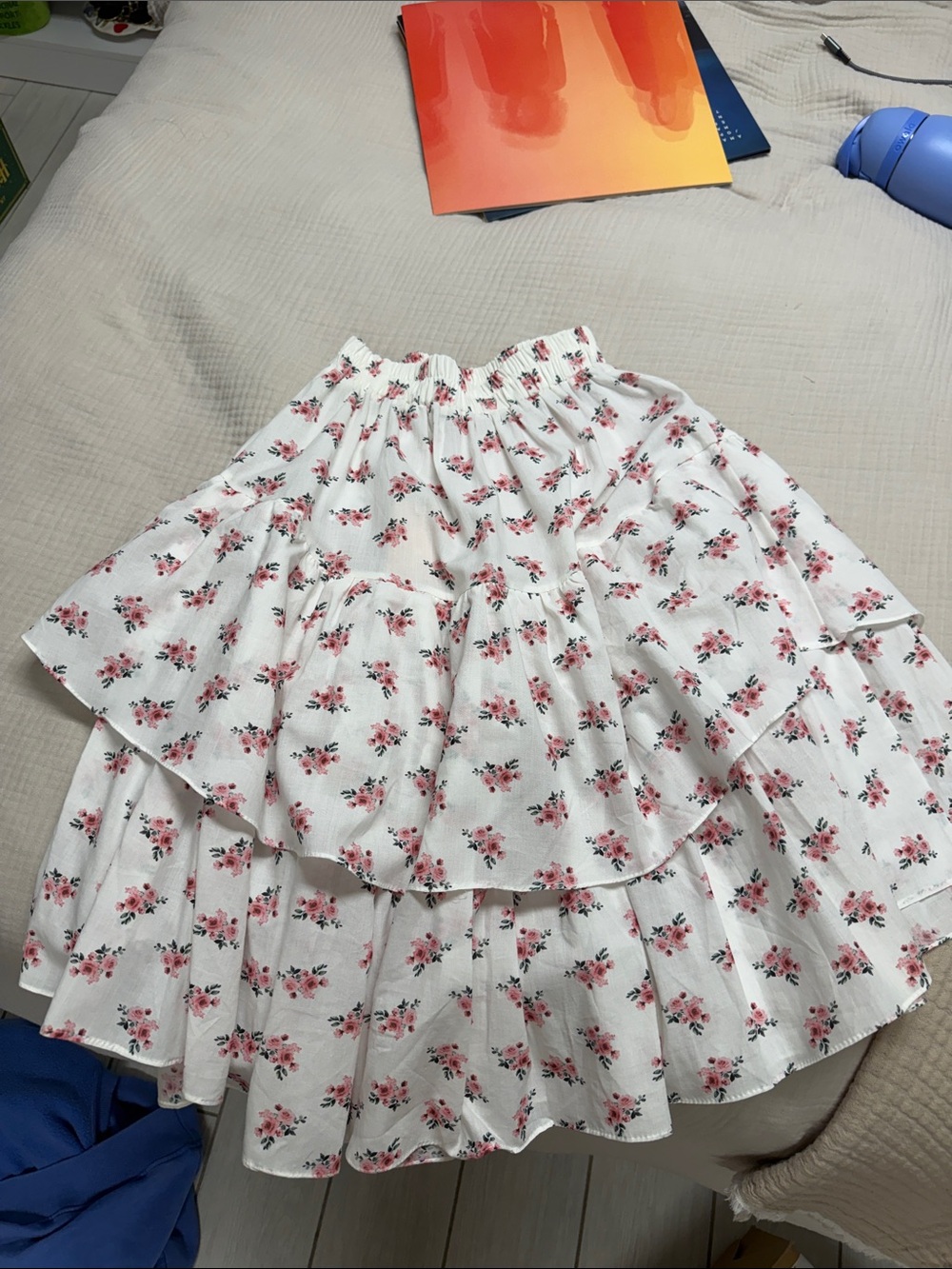 Daisy White Tiered Skirt with Pink Rose Print